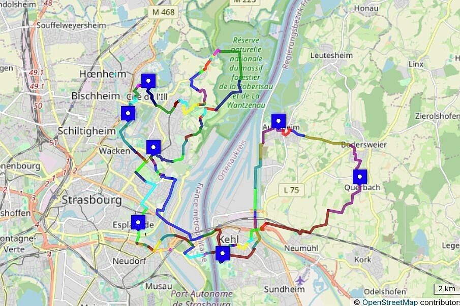 Die grenzüberschreitende Strecke von rund 50 km verläuft über Radwege und Gemeindestraßen, mit Rheinüberquerungen