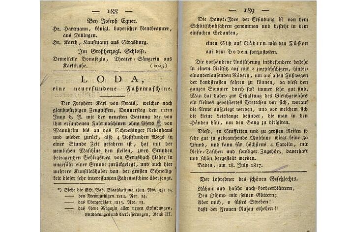 Bericht über die von Karl Drais 1817 erfundene Fahrmaschine