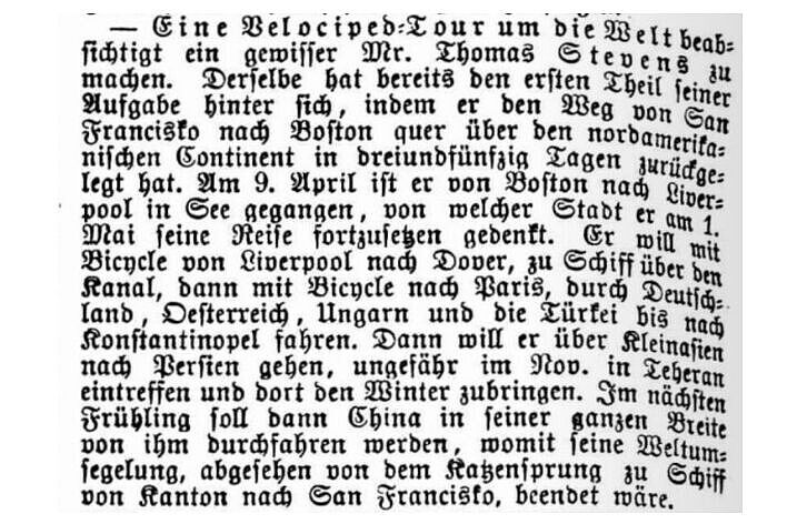 Bericht aus dem Jahr 1885 über eine Welttour mit dem Fahrrad