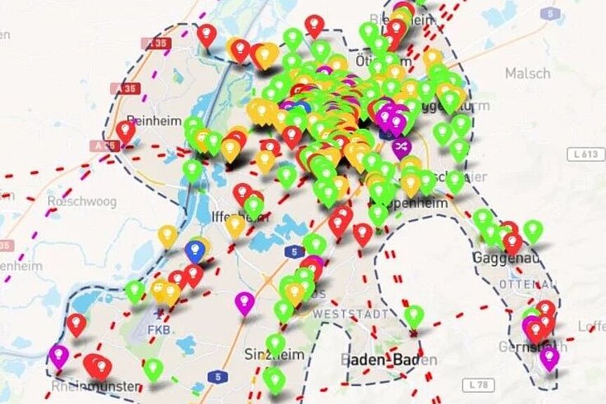 Gefahrenstelle 0 Das Bild zeigt alle Eingaben in einer interaktiven Karte, die sich auf das Stadtgebiet Rastatt beziehen.