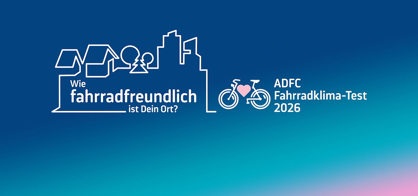 Logo des FKT 2026: Die Skyline einer Stadt mit dem Schriftzug "Wie fahrradfreundlich ist dein Ort? ADFC-Fahrradklima-Test 2026"